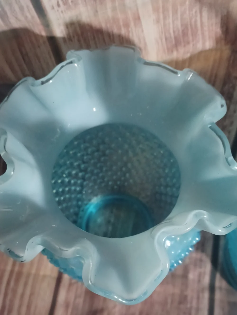 (2))Vintage Fenton Blue Hobnail Vase Crimp Ruffled Edges